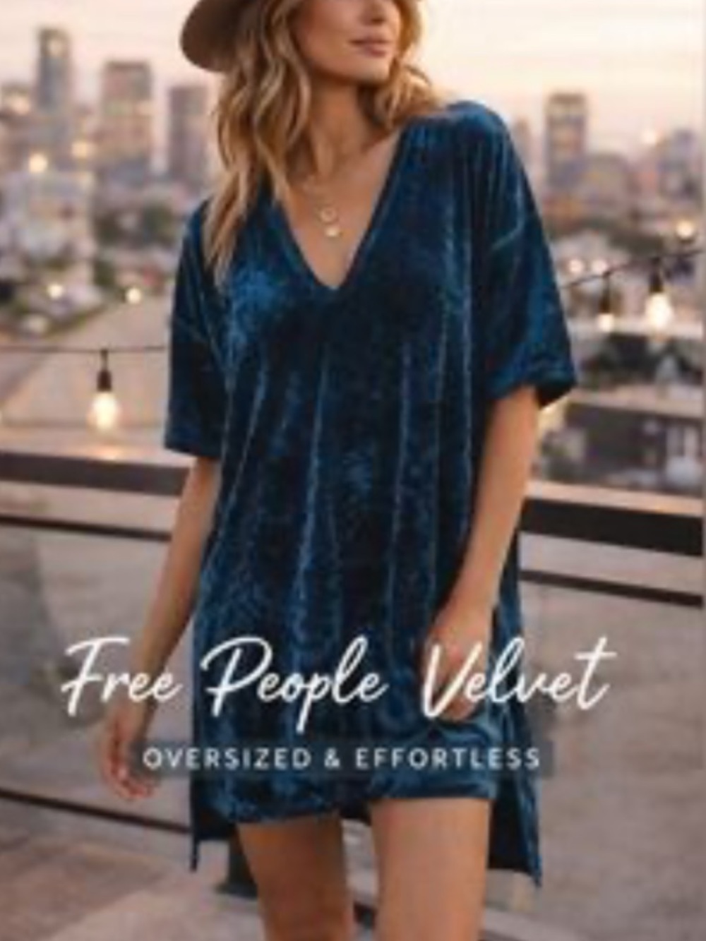 ♥️Free People —CP Shades Teal Velvet V-Neck, Oversized Tunic. Lightweight. M ♥️